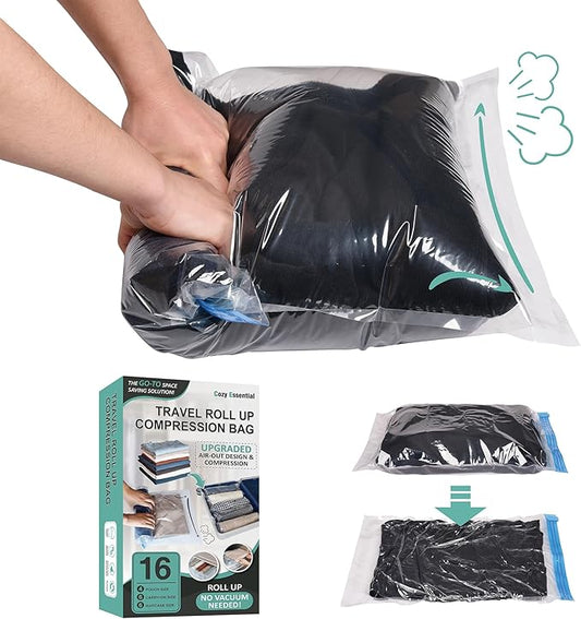 Compression Bags for Travel - Travel Essentials - 16 Pack Space Saver Bags - No Vacuum Needed - Compression Packing Bags for Cruise Accessories
