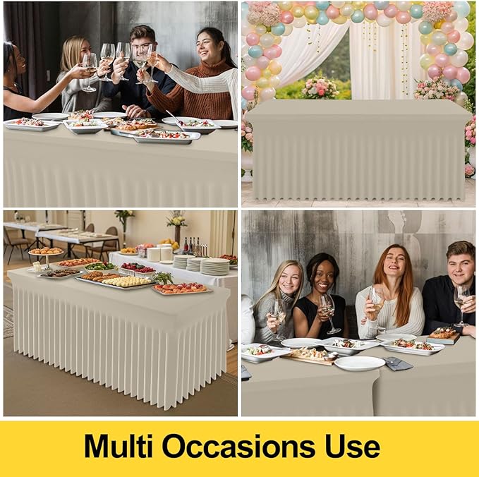 Smiry Spandex Tablecloth 2 Pack, Elastic Fitted Stretch Tablecloth for 8FT Rectangle Tables, Waterproof Washable Table Cover Skirt for Outdoor, Wedding, Banquet & Parties (Taupe, 96Lx30Wx30H Inch)
