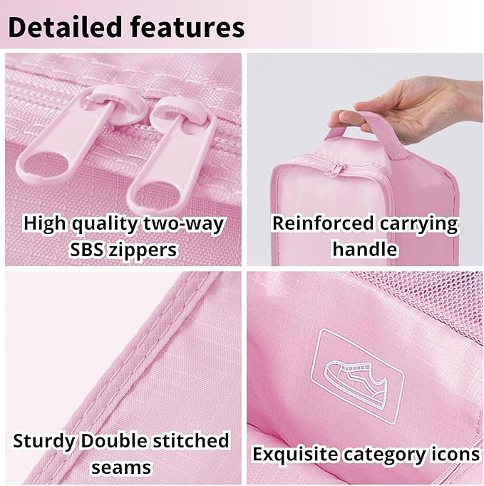 tianzong 2 Pack Plaid Travel Shoe Bag with Carry Handle & Mesh Pocket - Shoe Organizer for Sneakers, Heels, Sandals, Gym, Laundry (Pink)