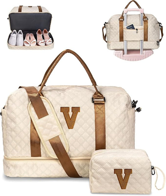 Birthday Gifts for Women - Initial Duffle Bag with Shoe Compartment, Personalized Weekender Bag, Monogram Overnight Bag, Letter Travel Bag with Makeup Bag, Preppy Gifts for Girls (Letter V)