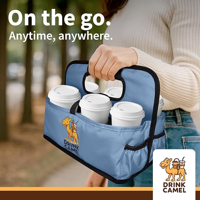 Reusable Drink Carrier with Handle, Foldable 6 Cup Drink Holder Carrier for Delivery, Coffee Cup Carrier, Portable Cup Holder Bag for Drinks, to Go Beverage Drink Organizer (Baby Blue)