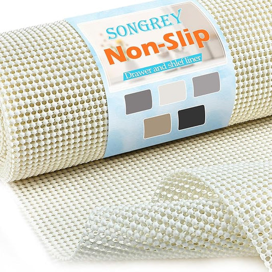 Songrey Non-Adhesive Drawer and Shelf Liner, Non Slip Cabinet Liners, Protect Kitchen Cupboard, Bathroom Drawers, Breathable, Thick Strong Grip mat (12IN x 20FT, Cream)