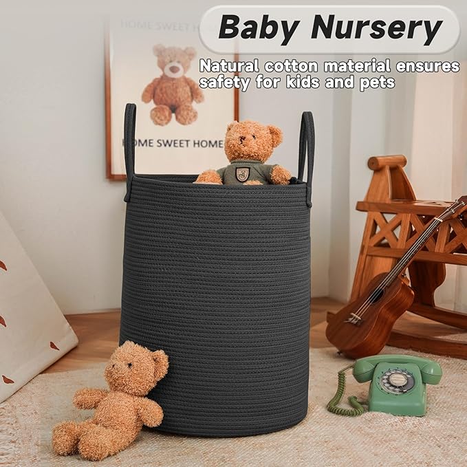 Large Woven Laundry Basket Hamper, 60L Cotton Rope Storage Bin for Blankets, Toys, and Clothes, Decorative Tall Nursery Hamper for Living Room, Baby Nursery, Bathroom, and Bedroom, Black