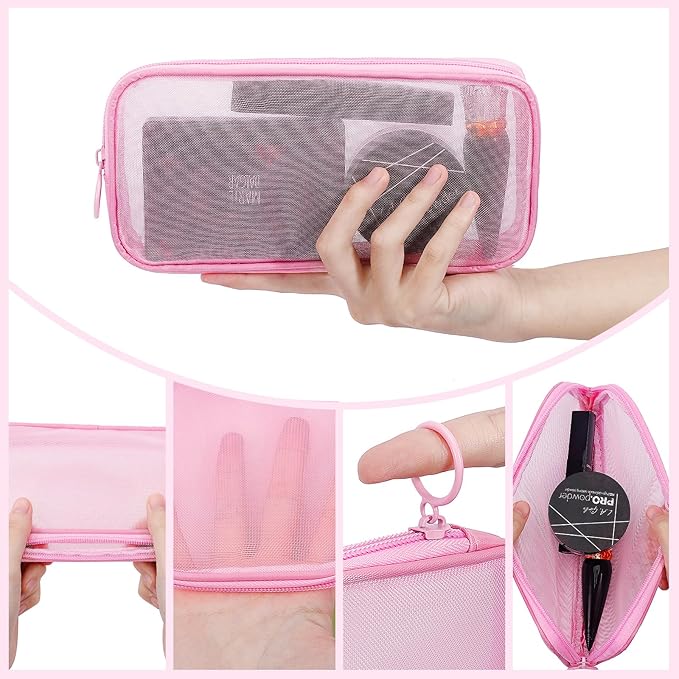4 Pieces Mini Zipper Nylon Mesh Pouch, Mesh Cosmetic Bags Makeup Bags, Multipurpose Travel Toiletry Bags for Office Supplies and Travel Accessories (Pink, M)