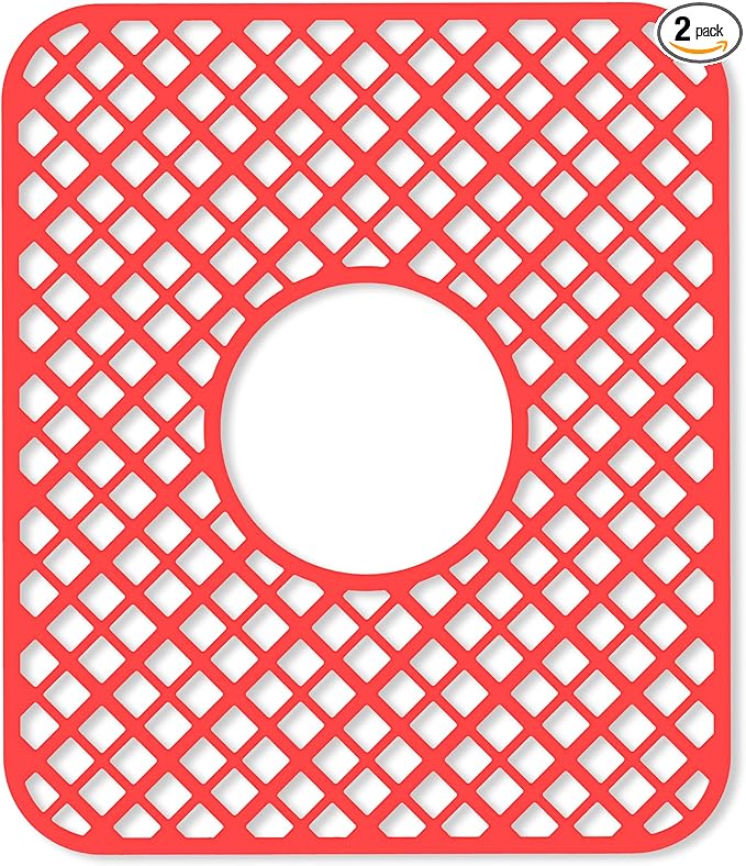 2 Pack Silicone Sink Protector for Kitchen Sink, Lozenge Pattern 13 x 11 inches Sink Grid Mat Silicone Protectors, Center Drain, Red