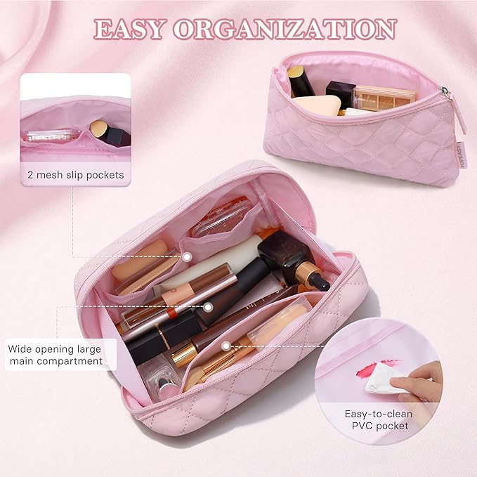 TOPEAST Christmas Gifts for Women Girls - 2Pcs Makeup Bag Small Travel Cosmetic Bag, Portable Toiletry Pouch Set, Waterproof Make Up Purse Puffy Padded Makeup Organizer, Pink