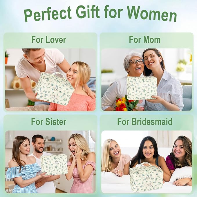 3Pcs Makeup Bag Quilted Cotton Cosmetic Bags for Women Large Small Blue Makeup Pouch Set Cute Coquette Floral Travel Bags Portable Skincare Toiletry Bag Vintage Puffy Essential Organizer