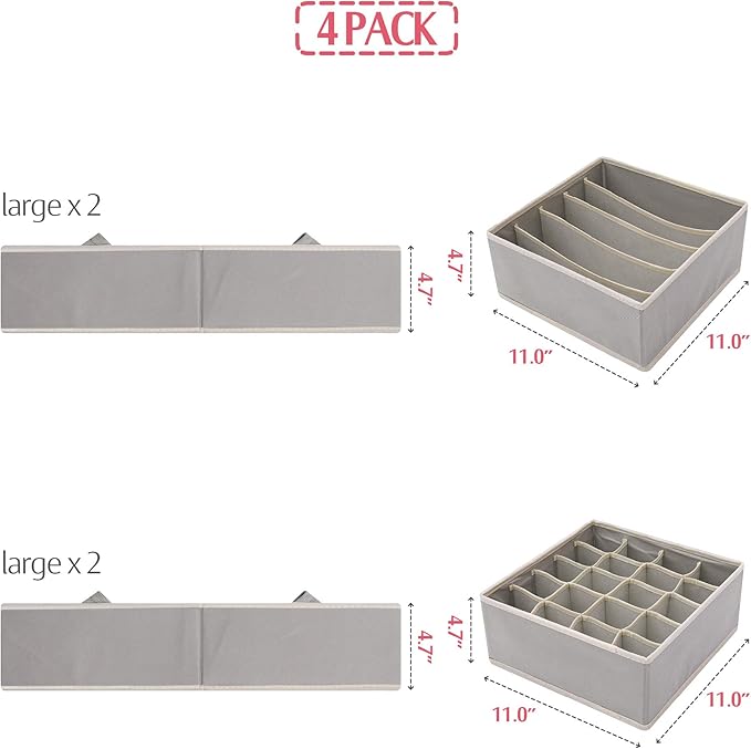 DIOMMELL Set of 4 Foldable Cloth Storage Box Closet Dresser Drawer Organizer Fabric Baskets Bins Containers Divider for Clothes Underwear Bras Socks Lingerie Clothing, Grey 22-0000
