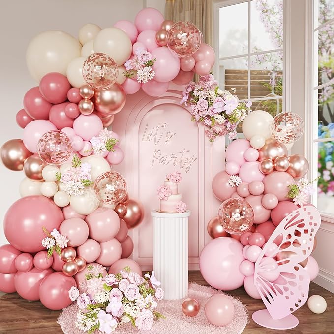 Woaipati Dusty Rose Pink Balloon Arch Kit, 148Pcs Dusty Pink Macaron Orange Pastel Pink White Sand Rose Gold Confetti Balloons for Baby Bridal Shower Wedding Engagement Birthday Party Decorations