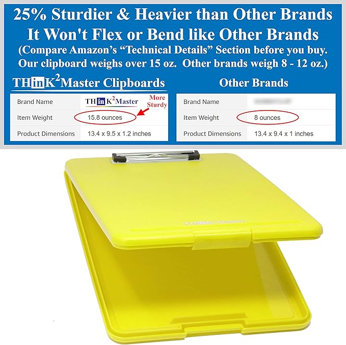 Think2Master [3 Pack] Yellow Plastic Storage Clipboard. | 25% Heavier & Sturdier| Heavy Duty and Won’t Flex Like Other Brands (Compare The Weight). Storage Compartment Holds 150 Letter Sized Paper.