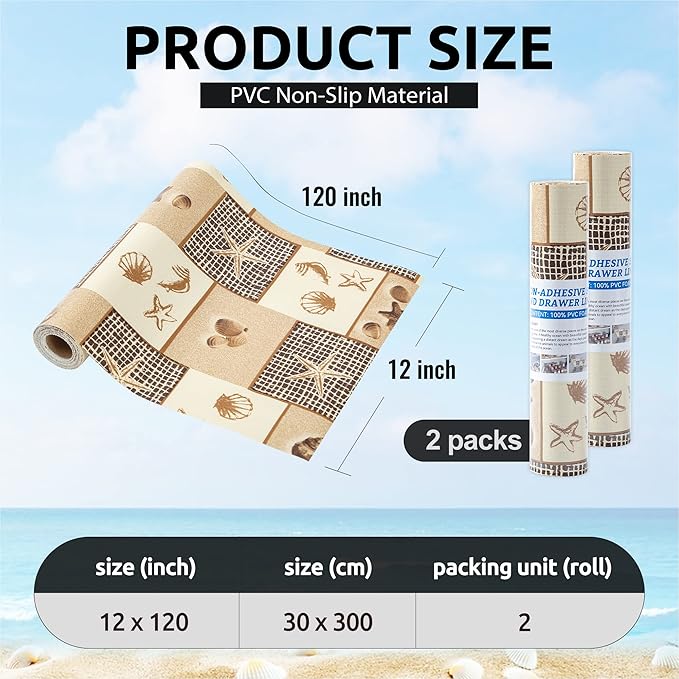 FIFTY FEET 12X120 Inch Shelf Liner for Kitchen Cabinets, PVC Drawer Liner for Dresser Non-Slip Bathroom, Non-Adhesive Cabinet Liner Washable (Beach)(2 Roll)