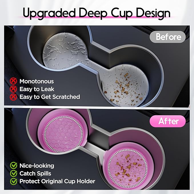 Amooca Car Cup Coaster Universal Non-Slip Cup Holders Bling Crystal Rhinestone Car Interior Accessories 4 Pack Pink