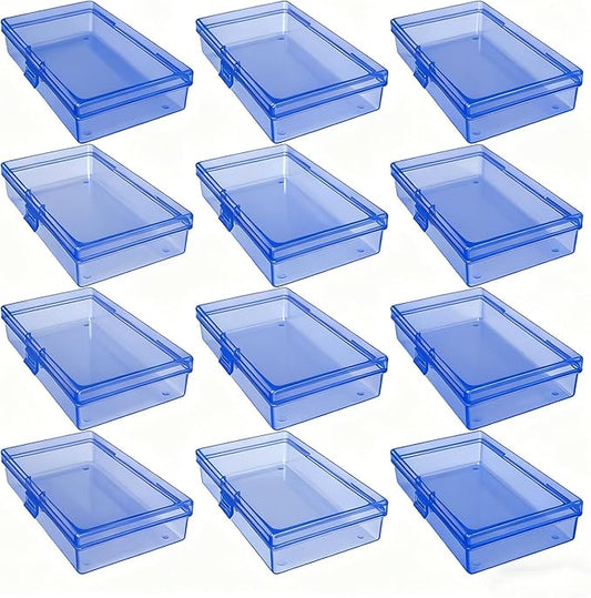 LJY 12 Pieces Rectangular Empty Mini Clear Plastic Organizer Storage Box Containers with Hinged Lids (5.3 x 3.1 x 1.2 inch, Blue)