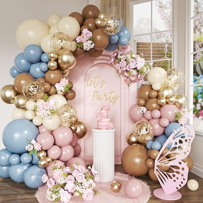 Woaipati 148Pcs Dusty Pink Blue Brown Yellow Balloon Arch Garland Kit, Retro Pink Dusty Blue Brown Pastel Yellow Gold Confetti Balloons for Baby Shower Wedding Engagement Birthday Party Decorations
