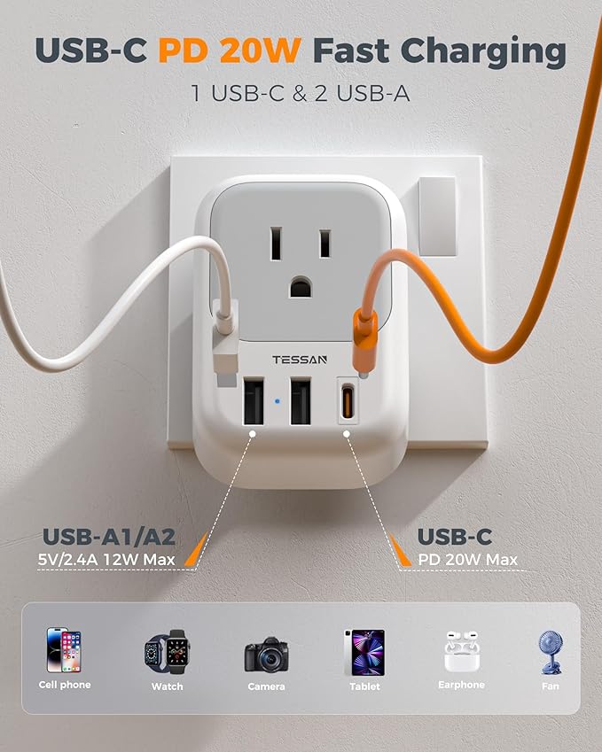 TESSAN Brazil Plug Adapter 2 Pack, 7-in-1 US to Brazil Power Adapter with 3 USB Ports (1 USB-C PD 20W Port), 4 American Outlets, Type N Travel Adapter for USA to Brazilian