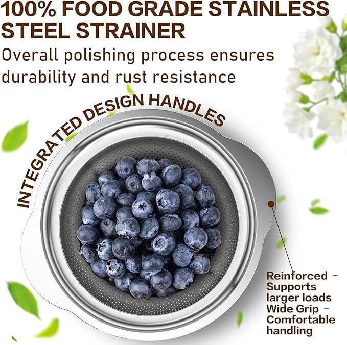 Stainless Steel Strainer with Mixing Bowl, Rice Washer, Colander for Kitchen, Rice Strainer, Fruit and Vegetable Wash, Microporous Colander, Fruit Cleaner Bowl, Dishwasher Safe