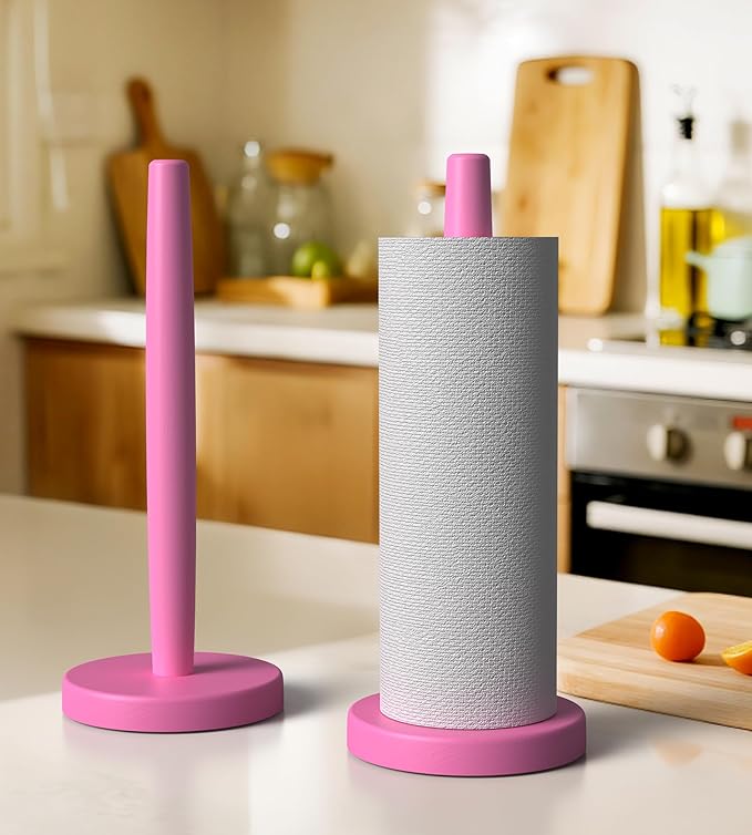 KitchLife Wooden Paper Towel Holder Countertop - Solid Freestanding Paper Towel Dispenser Stand with Anti-Skid Base (Hot Pink)