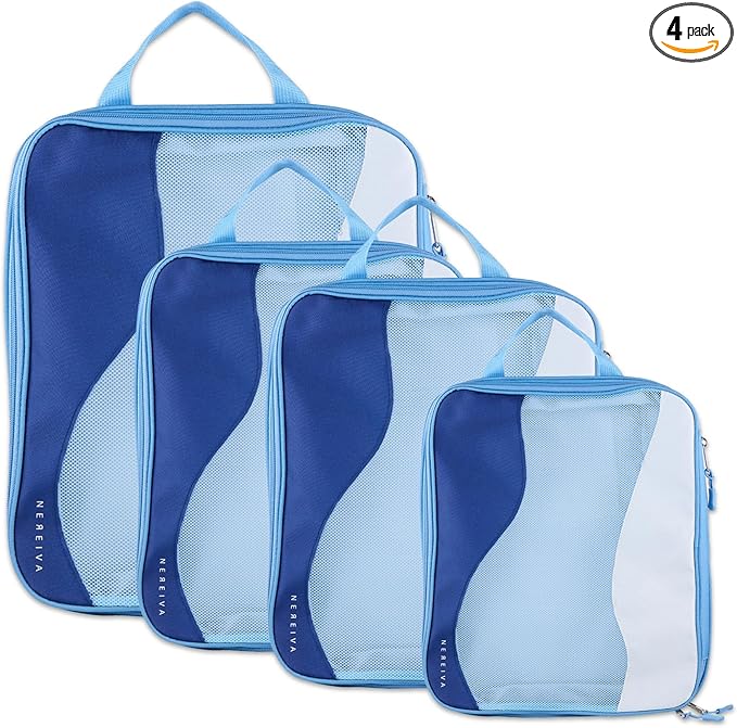 Compression Packing Cubes, 4 Set Packing Cubes for Travel, Travel Essentials for Men, Compressible Package Organizer for Suitcases, Navy Blue