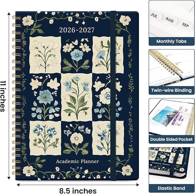 Planner 2026-2027, Academic Monthly and Weekly Calendar Planner for Women, July 2026 - June 2027, Hardcover Pretty Agenda Planner Book with Tabs, Spiral Daily Organizer for School Office Home Supplies, 8.5" x 11" - Blue Patchwork