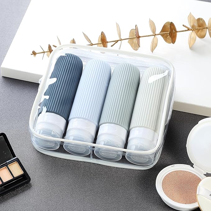 Travel Bottles for Toiletries, Tsa Approved 3oz Portable Travel Bottles, BPA Free Leak Proof Squeezable Silicone Travel Size Containers, Travel Accessories with Clear Toiletry Bag (4 Pack)