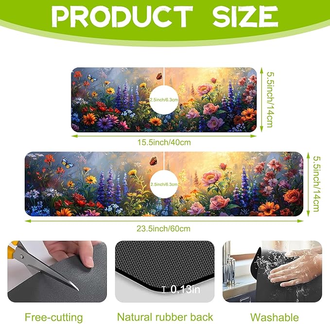 Kitchen Sink Splash Flowers Bees in the Garden Guard Faucet Mat Super Absorbent Fast Drying Mat Guard Behind Faucet Drip Catcher for Kitchen Bathroom, 15.5"X5.5"