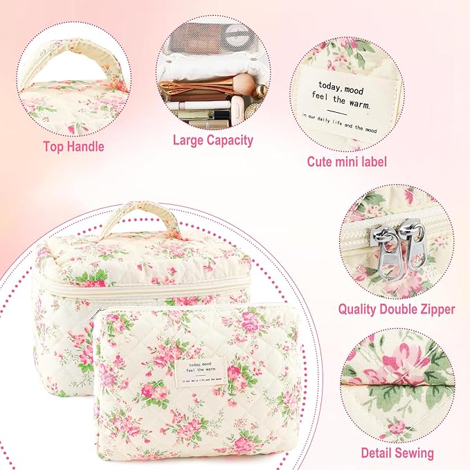 2Pcs Cotton Quilted Makeup Bag for Women Extra Large Small Travel Cosmetic Bag Set Cute Pink Floral Print Makeup Pouch Portable Toiletry Bag Organizer Coquette Vintage Puffy Travel Essential