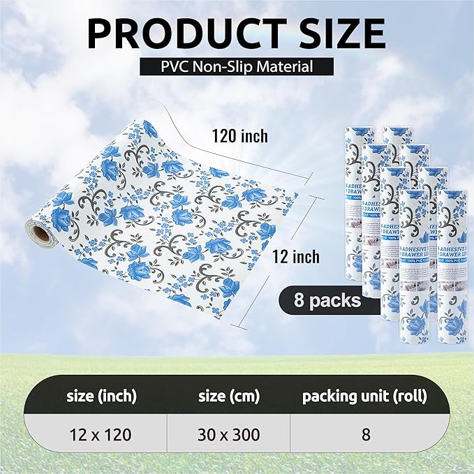 FIFTY FEET 12X120 Inch Shelf Liner for Kitchen Cabinets, PVC Drawer Liner for Dresser Non-Slip Bathroom, Non-Adhesive Cabinet Liner Washable (Blue Floral)(8 Roll)