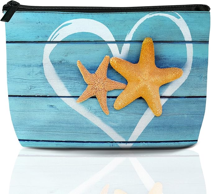 Beach Starfish Cosmetic Bag Coastal Blue Wooden Makeup Bags,Travel Make up Bags for Women Girls Cute Zipper Pouch Toiletry Organizer Bag Travel Essentials