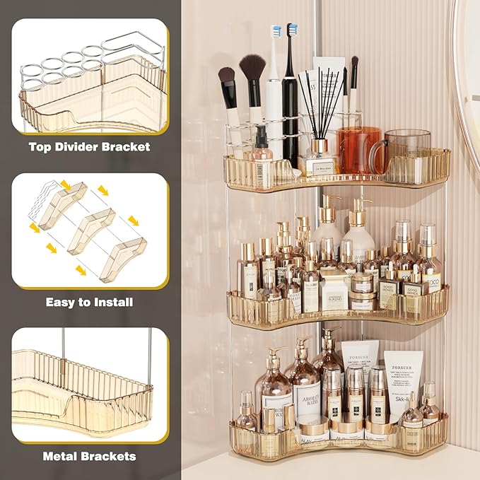 3-Tier Corner Bathroom Counter Organizer with Top Toothbrush Holders,Large Makeup Organizer Countertop with Brush Holder,Skincare Organizers Corner,Exquisite Vanity Organizer (Gold, 3 Tier)