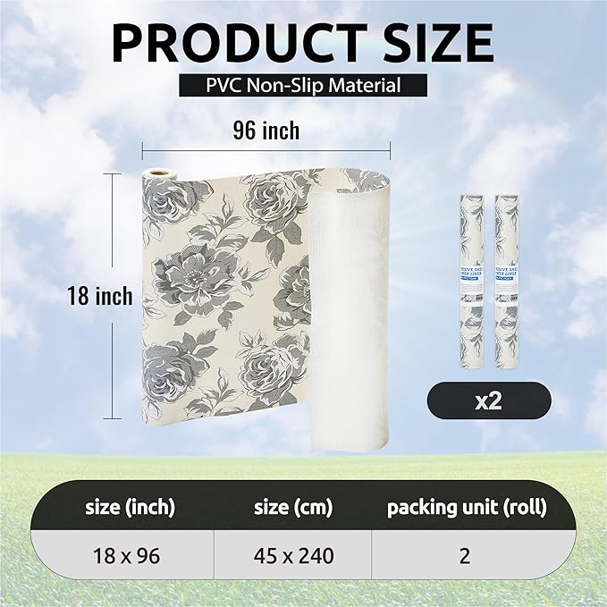 18X96 Inch Shelf Liner for Kitchen Cabinets, PVC Drawer Liner for Dresser Non-Slip Bathroom, Non-Adhesive Cabinet Liner Washable (Black Flower)(2 Roll)