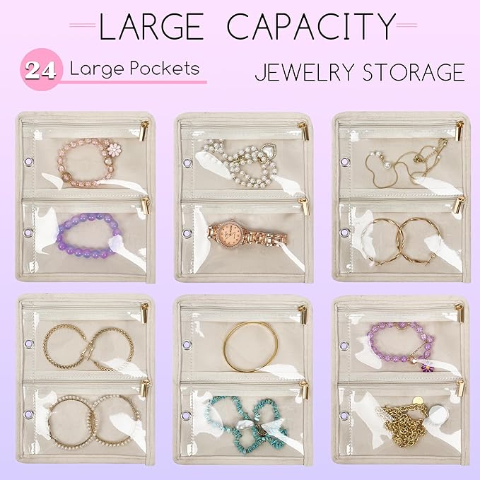 Travel Jewelry Organizer Case, Small Jewelry Bags for Traveling, Jewelry Binder with 24 Pcs Clear Zipper Velvet Pouches (Pink)