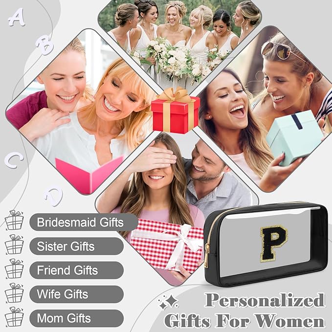 Personalized Initial Letter Clear Makeup Bag, Preppy Small Nylon & PVC Cosmetic Zipper Bag with Chenille Letter, Travel Skincare Toiletry Bag, Monogram Christmas Gift for Teen Girls Women, P