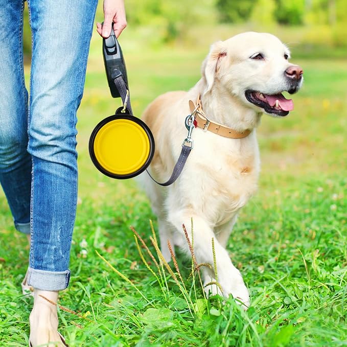 3 Collapsible Silicone Dog Bowl, Foldable Expandable Cup Dish for Small Pet Cat Food Water Feeding Portable Travel Bowl, Free Pet ID-Tag, Yellow Blue Black, S