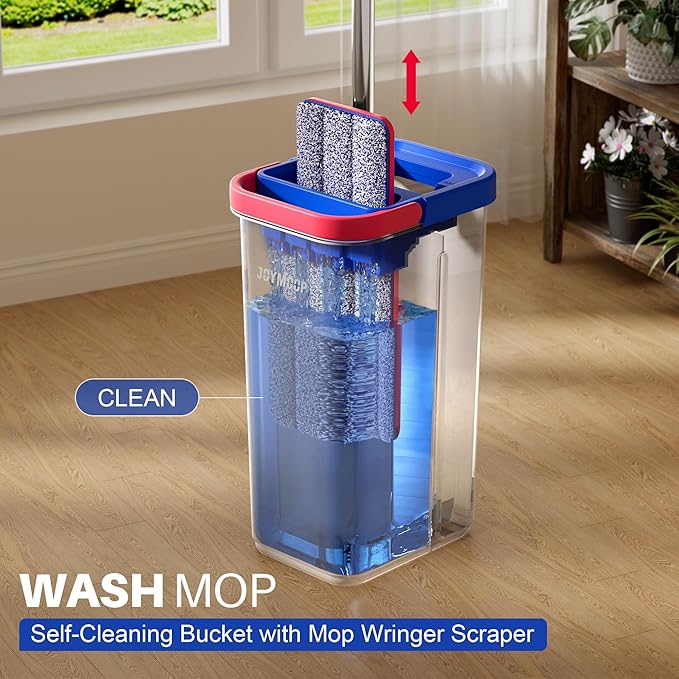 JOYMOOP Flat Mop and Bucket System, Microfiber Mop for Floor & Wall Cleaning, Household & Commercial Use, Wet Dry Cleaning for Hardwood, Tile & Glass, 60" Mop with 3 Pads