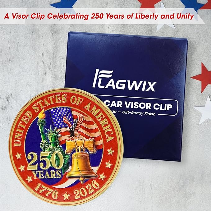 FLAGWIX America 250th Anniversary Car Visor Clip for Patriotic Christmas Decorations - 1776-2026 Metal Visor Clips for Cars 3in - United States 250 Anniversary Car Accessories, Veterans Day Gifts