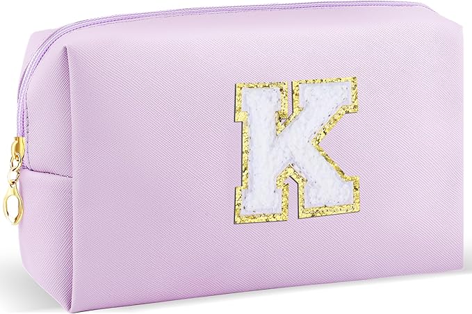 Gifts for Girls Initial Makeup Bag Personalized Cosmetic Bag with Zipper Cute Travel Toiletry Bag Waterproof PU Preppy Makeup Pouch Birthday Gift for Teen Girls Women(Purple K)