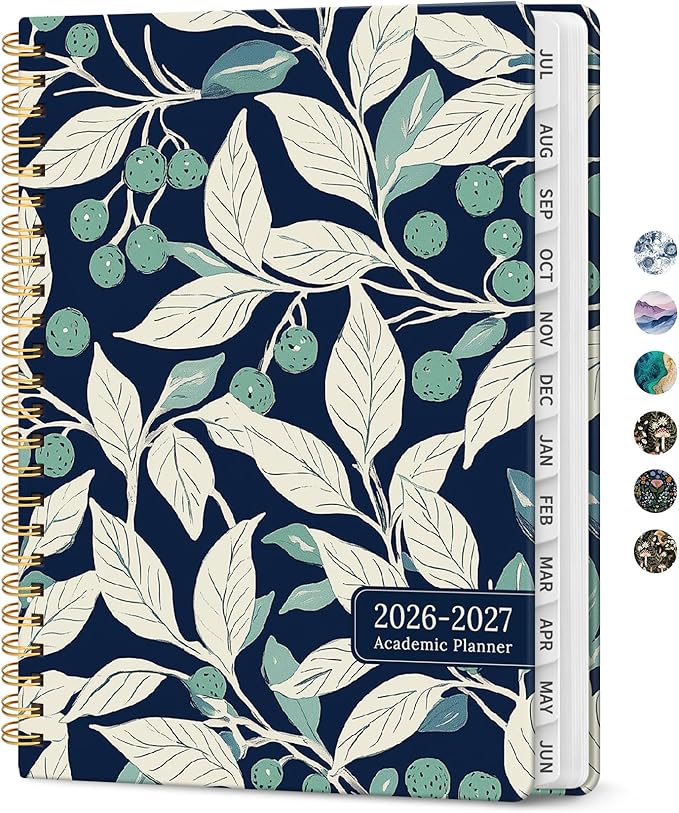 Planner 2026-2027, Academic Monthly and Weekly Calendar Planner for Women, July 2026 - June 2027, Hardcover Pretty Agenda Planner Book with Tabs, Spiral Daily Organizer for School Office Home Supplies, 6.3" x 8.5" - Botanic Berry
