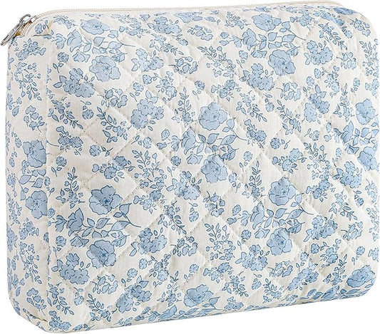 HHQQWZ Makeup Bag Travel Cosmetic Bag for Women Girls, Zipper Makeup Pouch, Floral Flowers Toiletry Organizer Makeup, Portable Storage Cosmetic Travel Cloth Bag (L/Blue Floral)