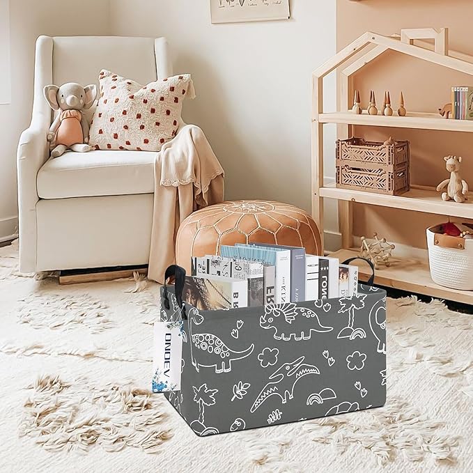 Rectangular Dinosaur Basket Waterproof Storage Bin Gift Box Children's Toy Organizer Box Room Decoration Basket(Gray Line Dinosaur)