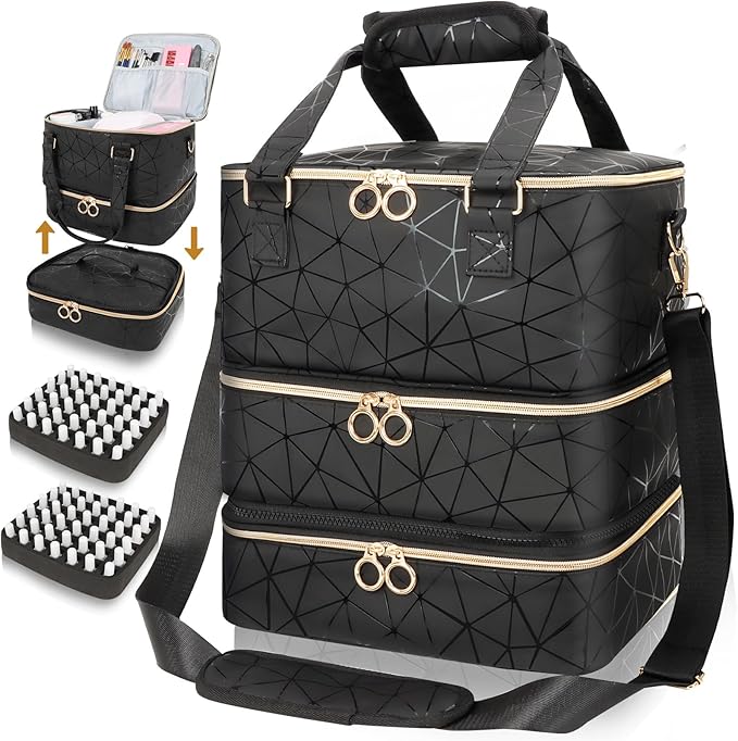 Nail Polish Organizer Bag Holds 84 Bottles & Nail Lamp, 3 Layers Nail Kit Storage Carrying Case Pu Leather, Large Nail Supplies Organizer With Shoulder Strap, Portable Travel Nail Bag For Nail Tech