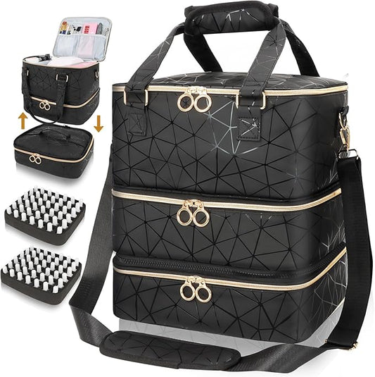 Nail Polish Organizer Bag Holds 84 Bottles & Nail Lamp, 3 Layers Nail Kit Storage Carrying Case Pu Leather, Large Nail Supplies Organizer With Shoulder Strap, Portable Travel Nail Bag For Nail Tech