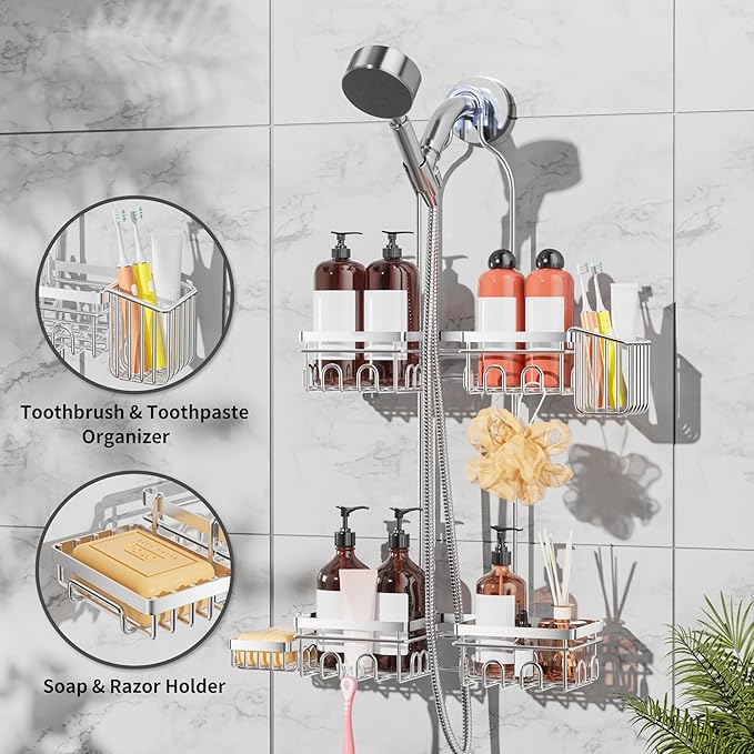Daoun Shower Caddy Hanging with Door Hook - Split Design for Handheld Showerheads, Rustproof Over The Showerheads Bathroom Organizer with Hooks Soap and Toothbrush Holder, Bathroom Accessories Silver