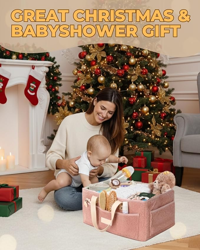 Baby Diaper Caddy Organizer with Portable Changing Mat - Teddy Fleece Diaper Organizer for Changing Table - Basket for Changing Essentials - Baby Essentials Organizer with Removable Dividers