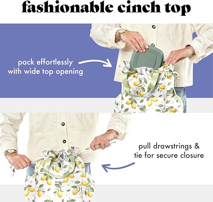 Fit & Fresh Cromwell Drawstring Lunch Bag for Women, Complete Lunch Set with 2 Containers, Stain-Resistant, Leak-Resistant, Back to School Essential, Teacher Lunchbox, Lemons