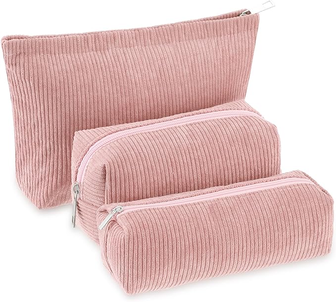 3 Pcs Makeup Bag Set for Women Corduroy Cosmetic Pouch Aesthetic Smile Travel Toiletry Bag Cute Purse Pouch Pencil Case Makeup Brushes Storage Organizer for Christmas(Pink,Solid Style)