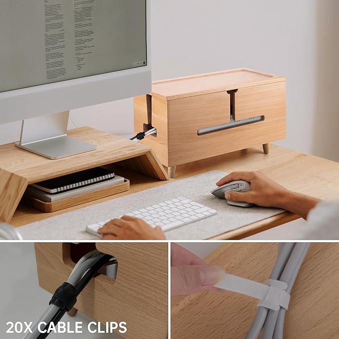 Large Cable Management Box - Organizer for Electrical Cords and Power Strips - Conceal Desk and Floor Cables - Storage Solution for Cord Hider and Organization (Natural Wood)