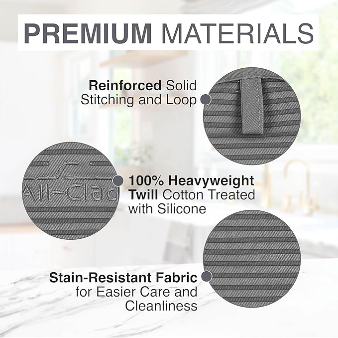 All-Clad Premium Pot Holder & Heating Pad, (2-Pack) Heat Resistant to 500 Degrees, 100% Cotton 10"x6.25" for Kitchen and Barbecue, Pewter