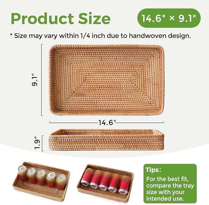 Wicker Storage Basket, Rattan Tray Rectangular for Bathroom Living Room, Decorative Serving Woven Trays Wicker Baskets for Organizing, Woven Seagrass Tray for Storage Home Decor L(14.6" × 9.1")