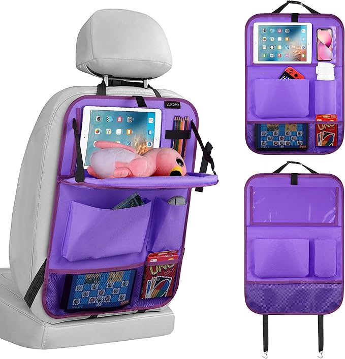 LUCMO Car Backseat Organizer with Tablet Holder, 6 Storage Pockets Car Storage Organizer with Foldable Food Tray, Seat Protectors Kick Mats Travel Accessories - Dark Purple