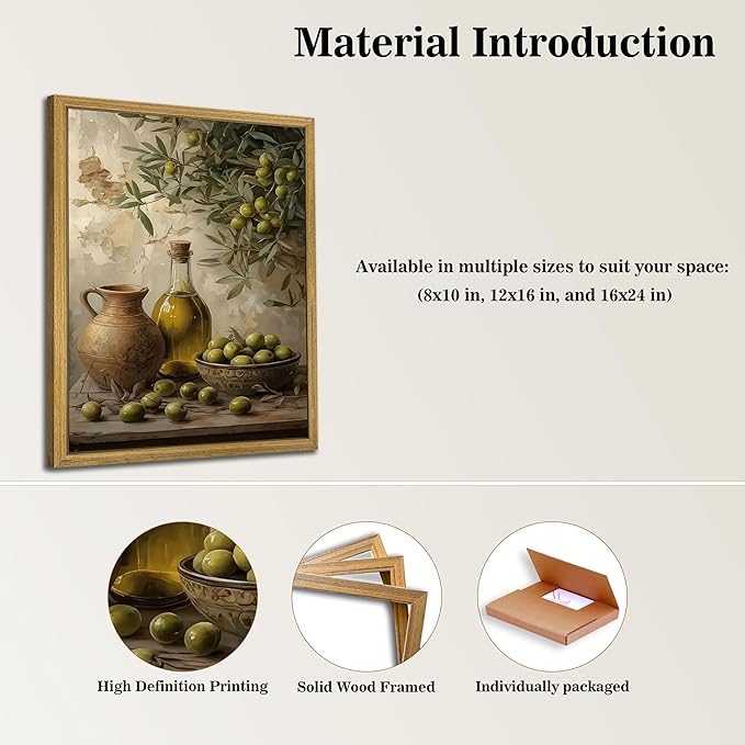 Wood Framed Olive Kitchen Wall Art, Vintage Rustic Still Life Canvas Print, Green Olives Poster Print Picture, Fruit Wall Decor Painting for Dining Room Cafe Restaurant Farmhouse Home Decor 8x10 inch